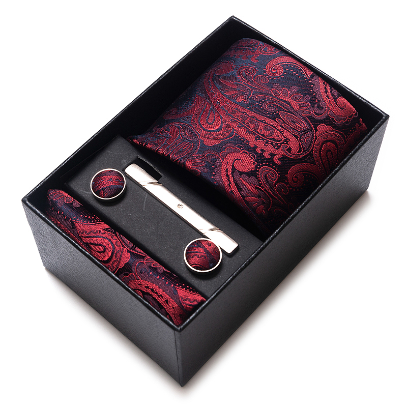 Men'S Accessories Gift Set Branded - ยี่ห้อคลาสสิกวันหยุดของขวัญกล่อง Tie ผ้าเช็ดหน้า Cufflink ชุดสําหรับผู้ชายเนคไทสีแดง Paisley