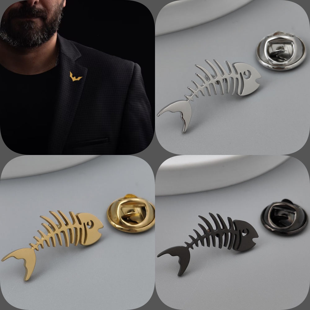 Men'S Accessories Gift Set Branded - Creative Fish Bone Gold-Plated Badge,เข็มกลัดคอปกผู้ชายสีดํา,Silver Lapel