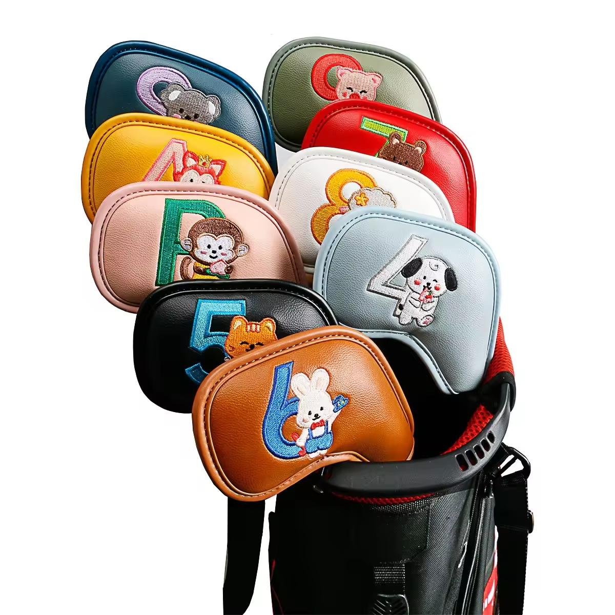 Men Accessories Style - ชุดคลุมหัวไม้กอล์ฟลายการ์ตูนสัตว์น่ารัก 9 ชิ้น, วัสดุหนัง PU ปักลาย,