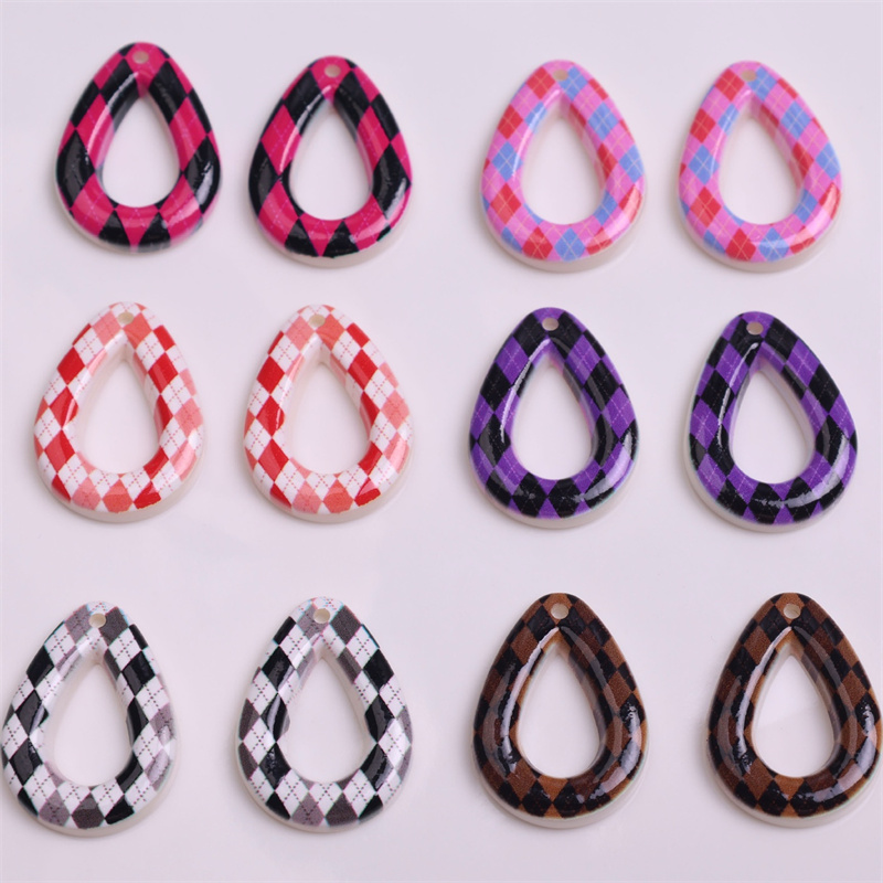 Men'S Accessories Drop Shipping - จัดส่งฟรี 100 ชิ้น/ล็อต ลูกปัดเรซิ่นลายตารางสีสันสดใส รูปทรงหยดน้ำ สำหรับงาน