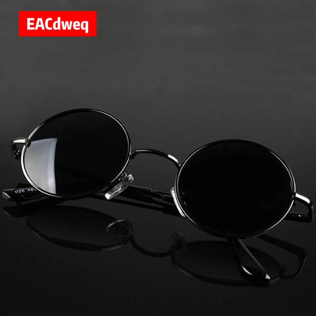 Sunglasses Polarized Men - แว่นกันแดดทรงกลมสไตล์เรโทรวินเทจสำหรับผู้ชายและผู้หญิง แบรนด์ดีไซเนอร์ กรอบโลหะผสม เลนส์สีดำ ป้องกันรังสียูวี 400